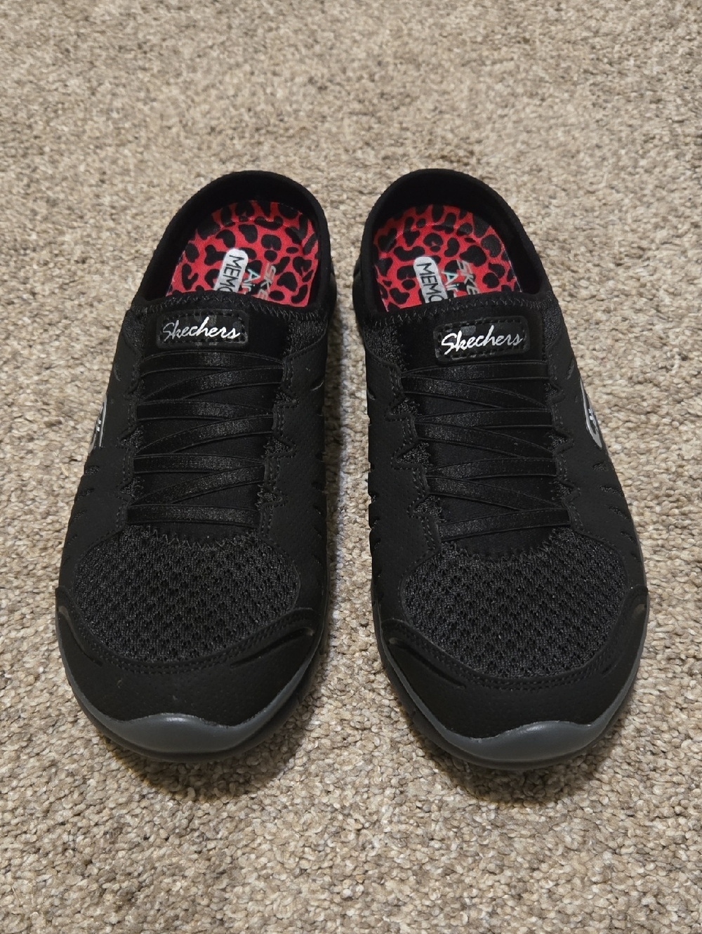 Skechers Black Slip-On Sneakers with Red Leopard Insole